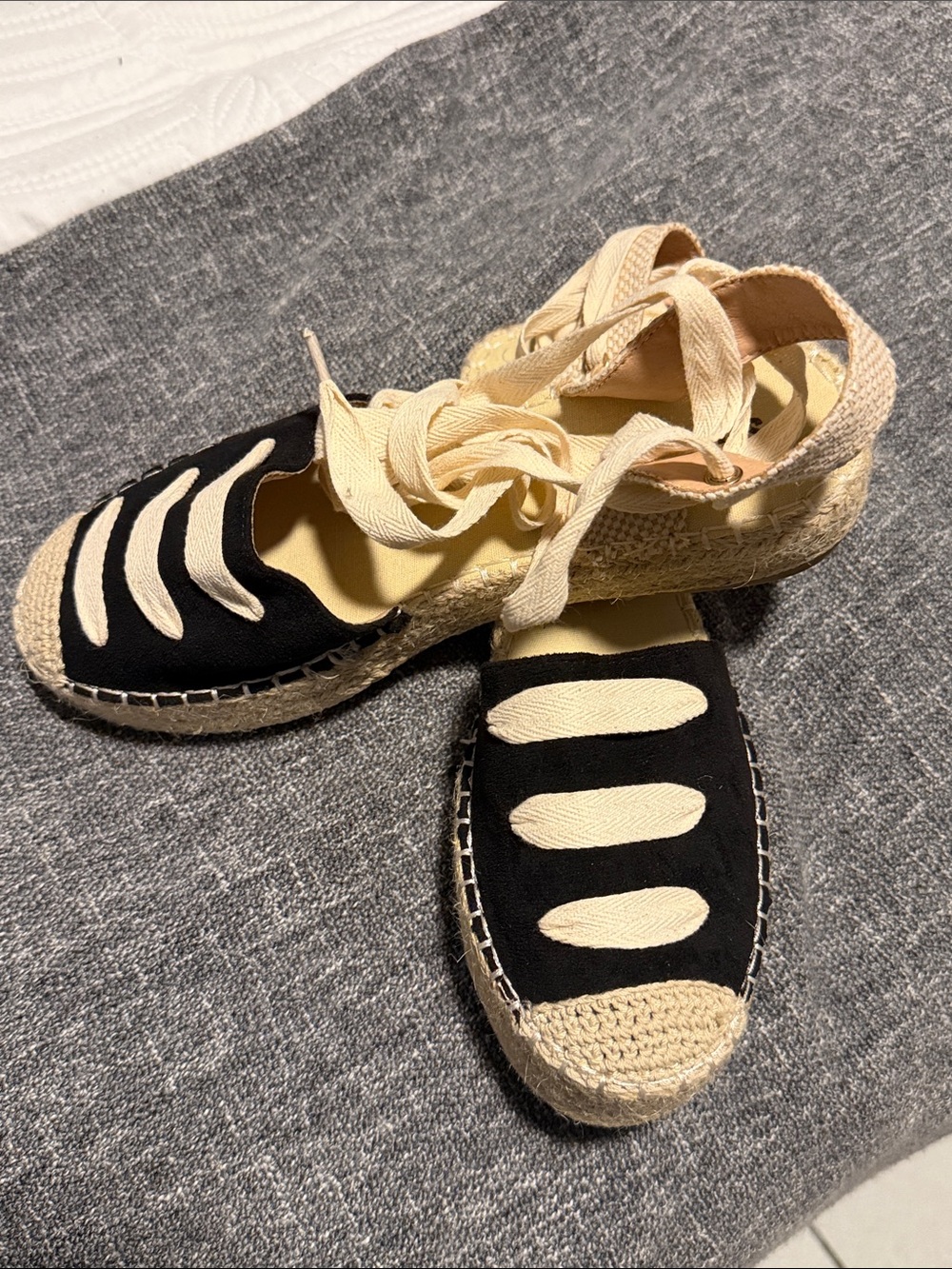 Women’s Black and Cream Espadrille Lace-Up Flats